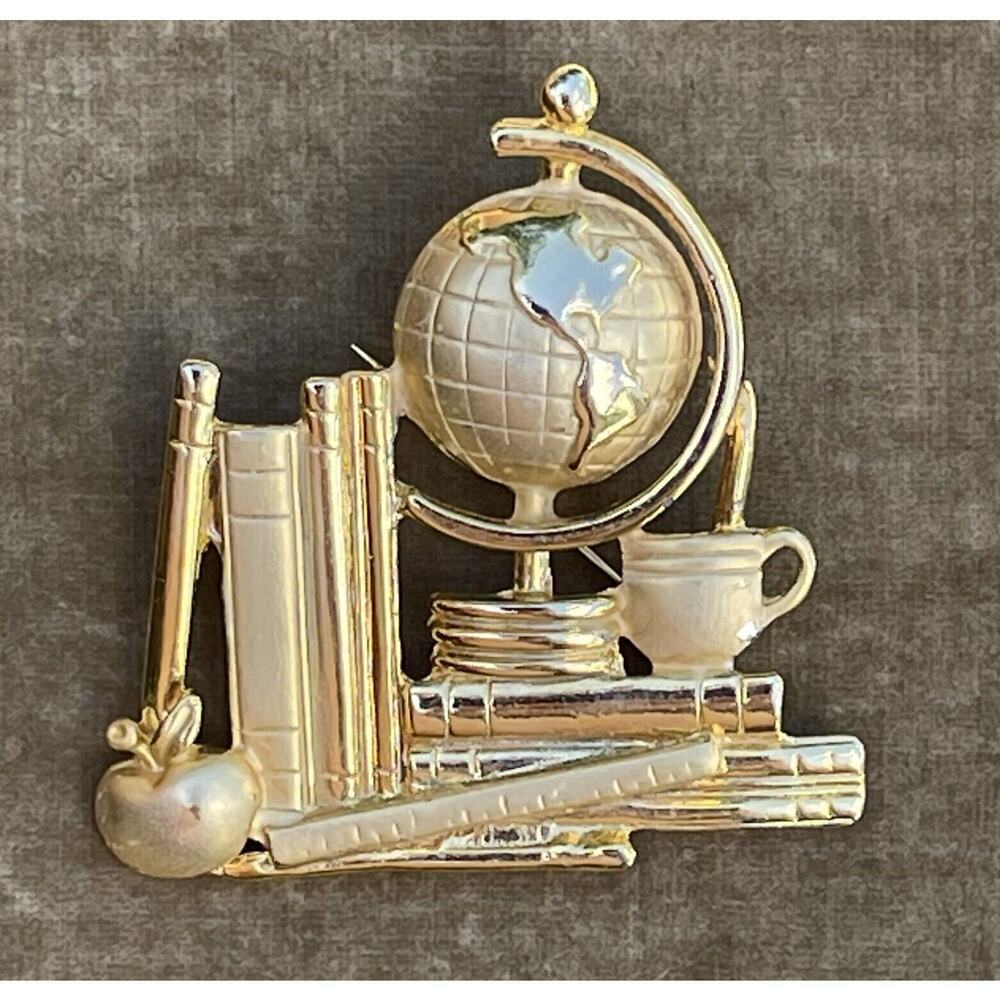 Vintage Teacher School Brooch Pin Gold Tone Signed AJC Student Globe Apple Books